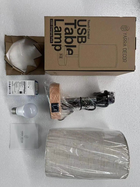 Round Fabric Shade Bedside Lamp With USB Ports And Touch Control 3 Way Dimmable Nightstand Light components laid out.