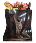 Chill Tote Bag With Industrial Gear From Abandoned Factory Machinery Print Heavy Duty Polyester Canvas 16 By 16 Inches filled with groceries and flowers.