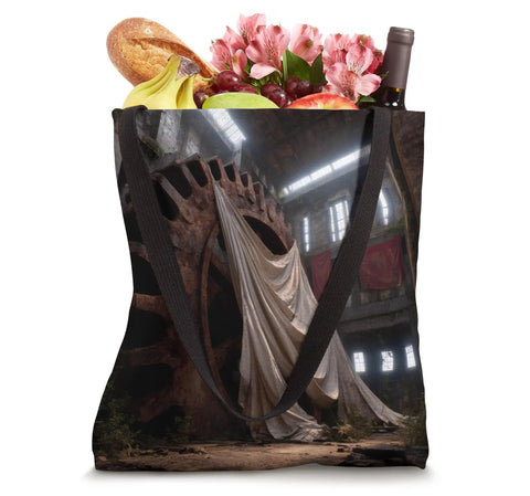 Chill Tote Bag With Industrial Gear From Abandoned Factory Machinery Print Heavy Duty Polyester Canvas 16 By 16 Inches filled with groceries and flowers.