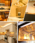 Collage of kitchen setups showing G8 Halogen Bulbs 20W Dimmable 120V G8 Base 2Pin Xenon Bulbs in under cabinet lighting scenarios.