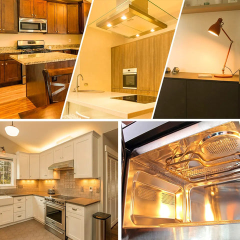 Collage of kitchen setups showing G8 Halogen Bulbs 20W Dimmable 120V G8 Base 2Pin Xenon Bulbs in under cabinet lighting scenarios.