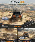 G900 Tripro Bumper 3 Channel 4K Mirror Dash Cam showing vehicle's 4K front, 2.5K rear, and 1080P bumper views in rugged terrain.
