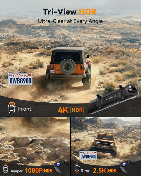 G900 Tripro Bumper 3 Channel 4K Mirror Dash Cam showing vehicle's 4K front, 2.5K rear, and 1080P bumper views in rugged terrain.
