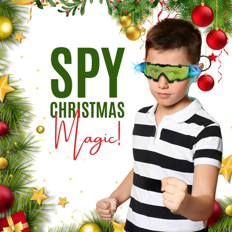Child wearing Epic Night Vision Spy Goggles For Kids See In The Dark With Invisible Ink Pen, Christmas-themed background