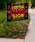 Custom Yard Sign Set 24 By 18 Inches With Stakes For Outdoor Use Full Color Printed Eye Catching Corrugated Signs displayed on a sidewalk.