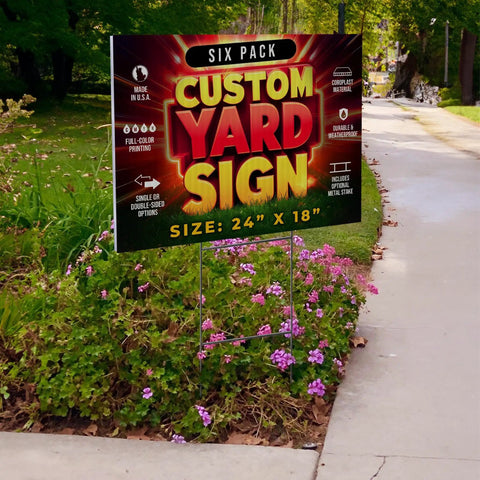 Custom Yard Sign Set 24 By 18 Inches With Stakes For Outdoor Use Full Color Printed Eye Catching Corrugated Signs displayed on a sidewalk.