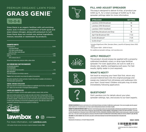Label of Organic Spring Lawn Fertilizer 10 0 6 32 Lb Bag Covers Up To 5000 Sq Ft with application instructions and contents.