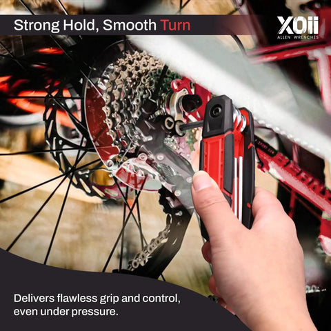 Person using 17 Piece Folding Allen Wrench Set With SAE And Hex Keys for bike repair, emphasizing strong grip and smooth turn.