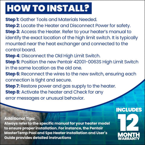 How to install Replacement High Limit Switch 42001-0063S with step-by-step instructions and 12-month warranty badge for pool and spa heaters.