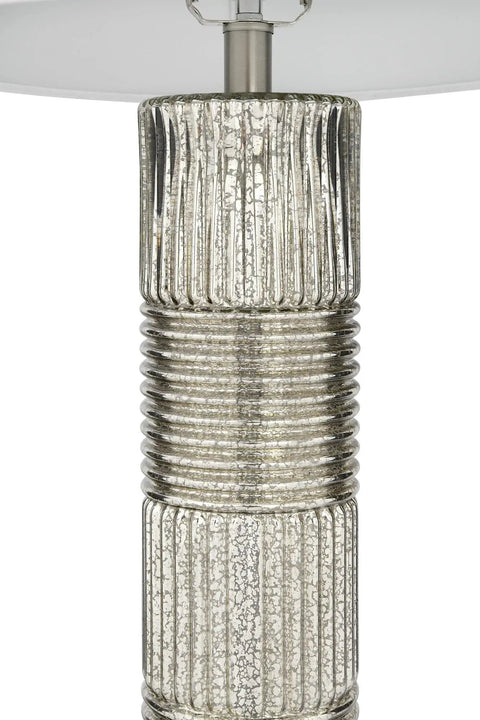 Close-up of Reeded Glass Table Lamp With Metal Base In Antiqued French Silver Mercury Glass Finish, White Linen Drum Shade