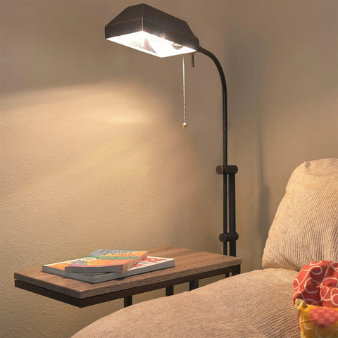 58 Inch Adjustable Standing Pharmacy Floor Lamp With Brushed Pewter Finish And Heavy Base Dope Look, Easy Pull Chain