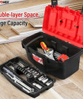Open Portable Tool Box Set 3 Pack With Removable Tray showing tools and sockets, durable plastic box for garage organization