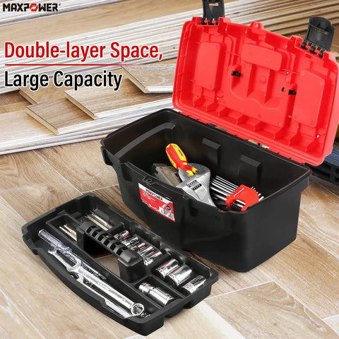 Open Portable Tool Box Set 3 Pack With Removable Tray showing tools and sockets, durable plastic box for garage organization