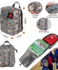 125 Piece Survival Kit For Outdoorsy Folks And Women, features compact camo bag, Molle system, first-aid supplies, emergency gear display