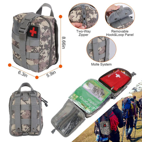 125 Piece Survival Kit For Outdoorsy Folks And Women, features compact camo bag, Molle system, first-aid supplies, emergency gear display