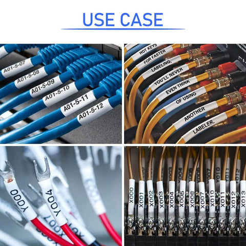Top Shelf Hse 231 Heat Shrink Tube Label Tape For Brother Ptouch D210 D400 E300 E500 labels on various cables in use.