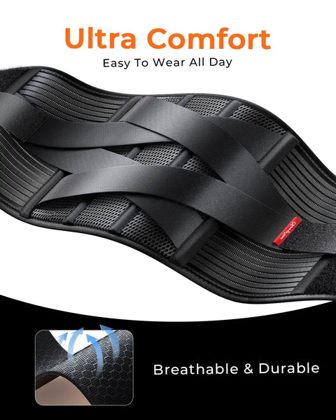 Breathable Work Back Brace With Removable Suspenders For Men And Women, Medical Grade Lower Back Support Belt in black, close-up view