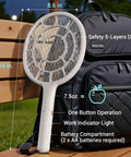 Electric Fly Swatter Bug Zapper Racket For Indoor And Outdoor Use With Dense Three Millimeter Mesh resting on backpack