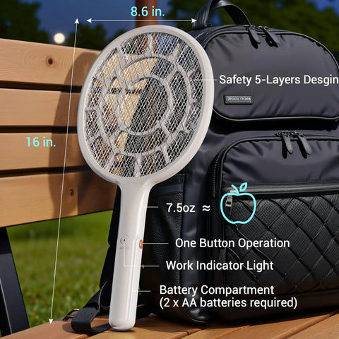 Electric Fly Swatter Bug Zapper Racket For Indoor And Outdoor Use With Dense Three Millimeter Mesh resting on backpack