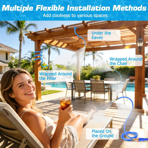 Outdoor Patio Misting System With Anti Clog Brass Nozzles, Standing Water Mister For Patio installation options by poolside