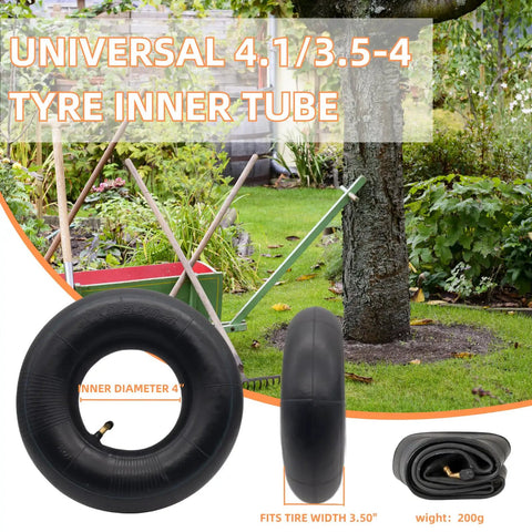Heavy Duty 4 Inch Tire Inner Tubes 2 Pack With Bent Valve Stem For Wheelbarrows Lawn Mowers Hand Trucks Carts Trailers Dollies And More Fits 4 Inch Rims shown in garden setting
