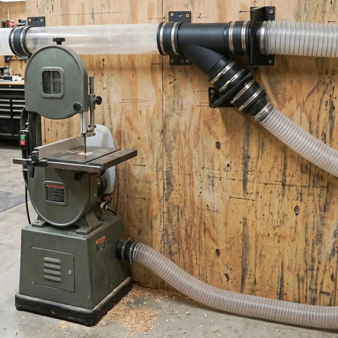 Heavy Duty Four Inch Dust Collection Kit With Y Splitter Hose Connector And Blast Gate Valve For Shop Ready Setup Plus Three Rugged Flex Cuffs For Quick Release No Sweat Operation mounted on a bandsaw.