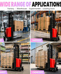 Heavy Duty Electric Pallet Stacker Delivering 3300 Lbs Capacity in factory, warehouse, supermarket, and loading dock settings.