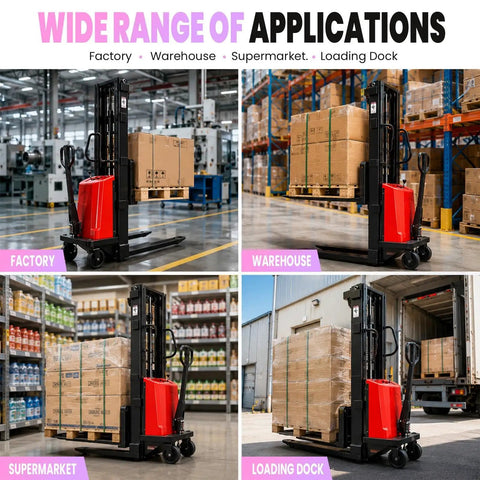 Heavy Duty Electric Pallet Stacker Delivering 3300 Lbs Capacity in factory, warehouse, supermarket, and loading dock settings.