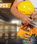 Man holding hammer and helmet with Eighteen Piece One Quarter Inch Hex Shank Drill Bit Holder visible in tool belt