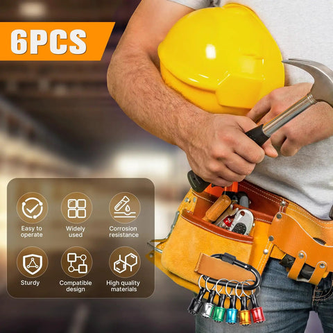 Man holding hammer and helmet with Eighteen Piece One Quarter Inch Hex Shank Drill Bit Holder visible in tool belt