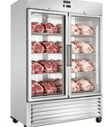 No Fuss Commercial Reach In Freezer 54 Inch Wide Double Glass Door 46 Cubic Feet displaying meats on shelves in a sturdy stainless steel cabinet.