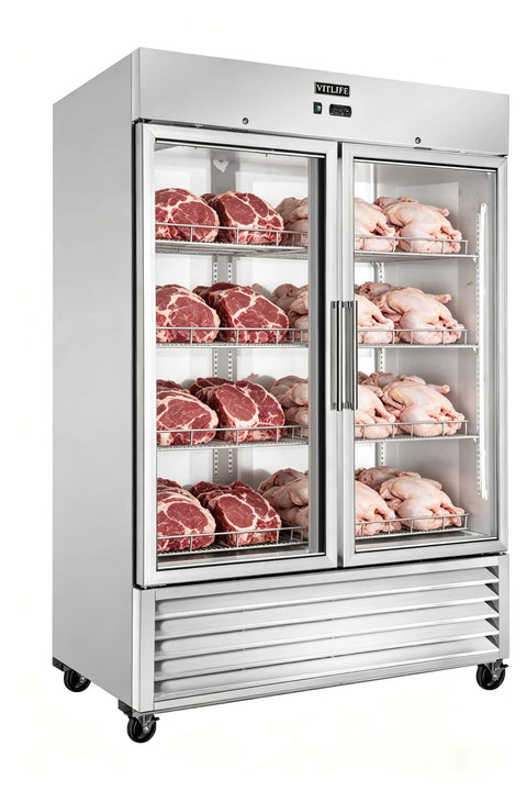 No Fuss Commercial Reach In Freezer 54 Inch Wide Double Glass Door 46 Cubic Feet displaying meats on shelves in a sturdy stainless steel cabinet.