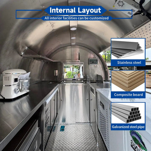 Internal layout of a mobile catering trailer featuring stainless steel surfaces and space for customization.