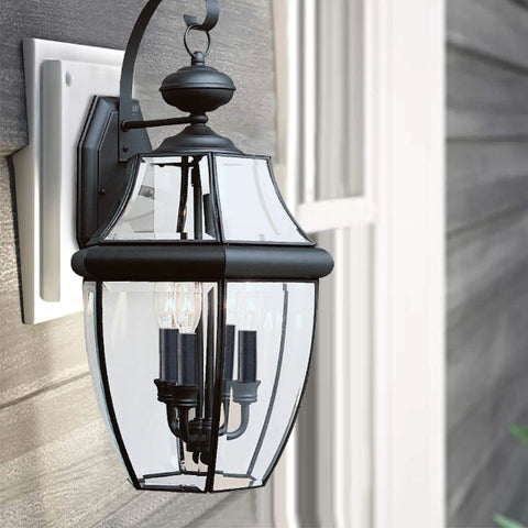 Three Light Outdoor Wall Lantern In Black Finish With Brass Construction For Porch Patio Or Entry, Classic Lancaster Collection