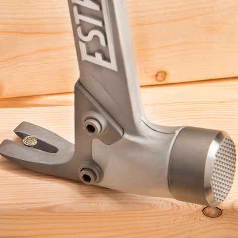 Close-up of AL-PRO Forged Aircraft Aluminum Framing Hammer 14 Oz Straight Rip Claw With Milled Face on wooden surface.