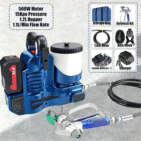 Heavy Duty Cordless Airless Paint Sprayer With High Pressure Adjustable Flow And Spacious Paint Reservoir Featuring Dual Batteries For No Sweat Home Painting Jobs All Day Long with a 500W motor, 1.2L hopper.