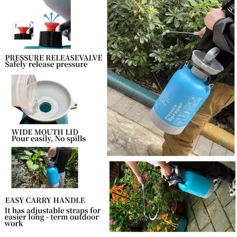 Upgraded Reinforced 1.3 Gallon Pump Pressure Sprayer with adjustable nozzles and comfort strap shown in use for plant care and cleaning
