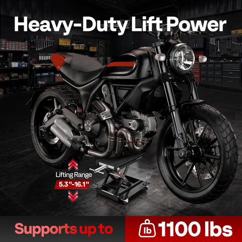 Beefy Heavy Duty Motorcycle Lift Jack With Wide Deck For ATVs And Bikes 1100 Lb Capacity Scissor Lift in use with motorcycle