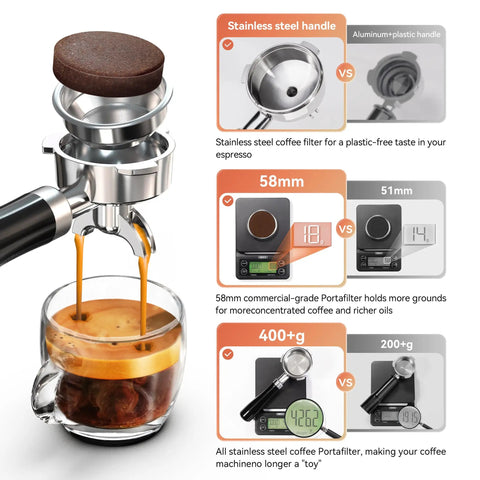 Premium 58Mm Espresso Coffee Machine Built Different With A High Octane 20 Bar Pump and portafilter brewing espresso.