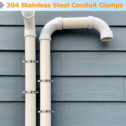 4 Inch Conduit Clamp Set 24 Pack With Screws Beefy Heavy Duty Stainless Steel U-Brackets For Rigid Pipe Support 2-Hole Strap Clamps Durable 304 Stainless Steel Hardware Easy Install For Piping Systems securing white PVC pipes on exterior siding