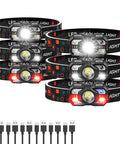 Rechargeable 6 Pack Headlamp Set With 3000 Lumens Ultra Bright LED Headlight With White And Red Light Motion Sensor 5 Plus 5 Modes