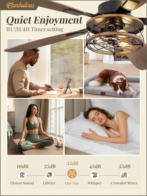 Diagram showing 52 Inch Farmhouse Ceiling Fan With Light And Remote Black Industrial Caged Flush Mount and people enjoying quiet settings.