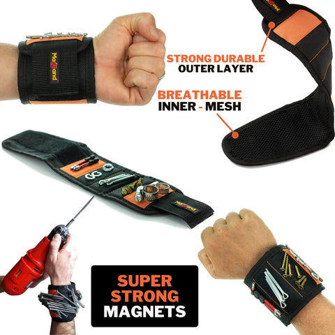 Magnetic Wristband For Holding Screws Nails And Drill Bits With 10 Strong Magnets displayed on wrist and tool use