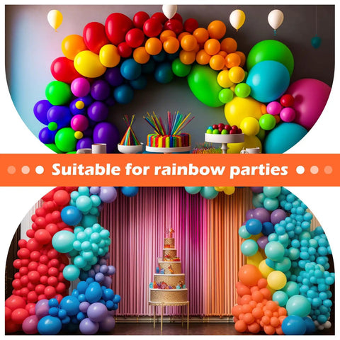 Get A Huge 10 Pack Of Colorful Balloon Arch Clips With Vibrant Rainbow Spring Clamps For Party Decoration Backdrops And Photo Studios That Make Your Events Pop. Rainbow balloon arch backdrop with large multicolor balloons and party cake display