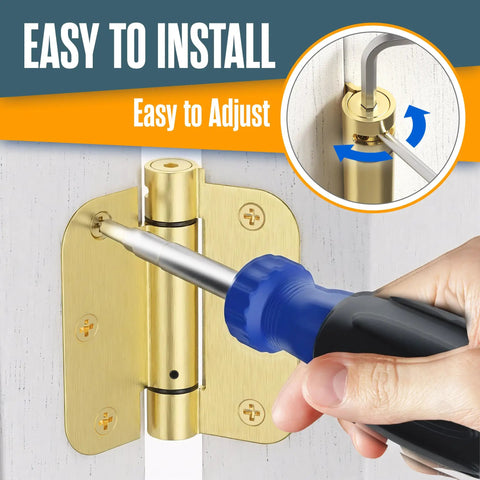 Self Closing Door Hinges With Spring Loaded Auto Close Brass 3.5 Inch Radius Five Eighths Inch Adjustable Tension Easy Install
