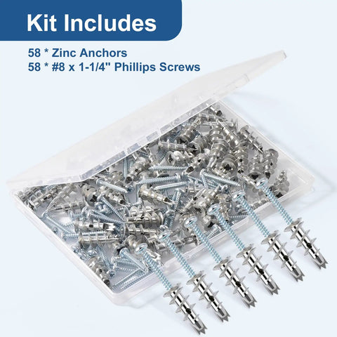 Premium Zinc Self Drilling Drywall Anchors And Screws Kit with 116 pieces in open plastic box