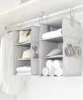 Hella Versatile Hanging Closet Organizers, 10 Pack Convertible Storage Shelves displayed with folded clothes and accessories in gray.