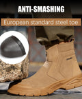 Heavy-Duty Steel Toe Welding Boots For Men With Zipper Laceless Welder Footwear Built For High Heat And Spark-Resistant Tough-As-Nails Work On Construction Sites Brown, featuring European standard steel toe close-up