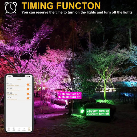 Outdoor RGB Flood Lights With 500W Equivalent Brightness Bluetooth App Control IP66 Waterproof, trees lit in multiple colors