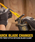 Heavy Duty Cordless Reciprocating Saw Powered By A Beefy Brushless Motor And Snappy Variable Trigger, Keyless Blade Clamp in use for quick blade changes.